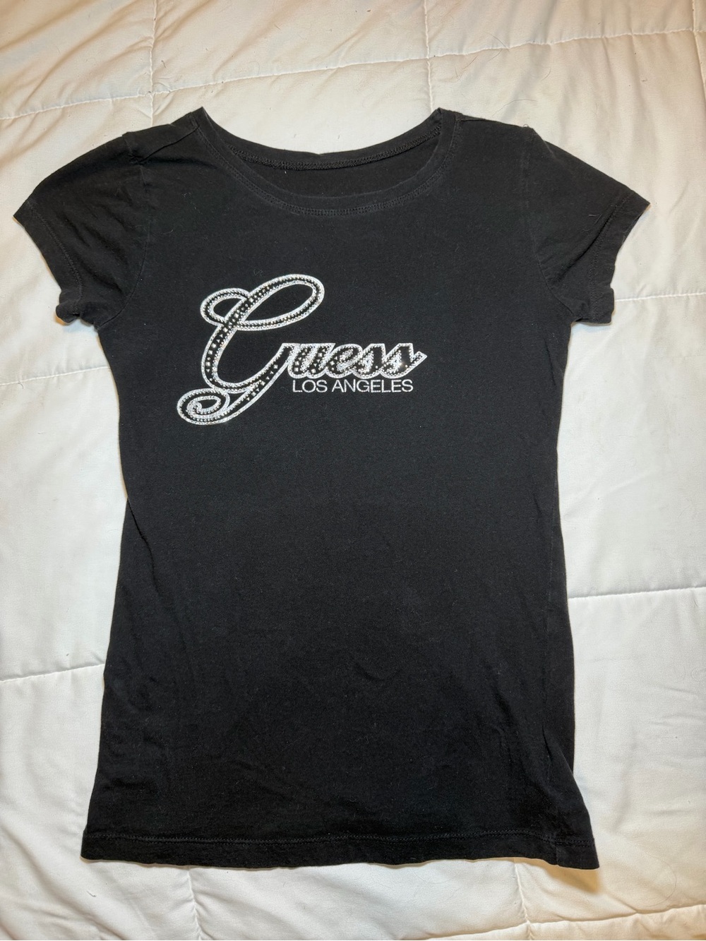 Guess Black Short Sleeve Logo Tee with Rhinestone Script Detail
